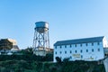 Water Tower and the Storehouse warehouse at Alcatraz Island Prison, San Francisco California USA, March 30, 2020