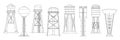 Water Towers Isolated Outline Monochrome Vector Icons Set. Elevated Structures Used To Store And Distribute Water