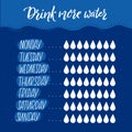 Daily water tracker with eight glasses rule checklist. Planner page, healthy habit goal. Blue wave background. Weekly