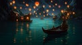 celebration river lamp lantern festival night travel light boat water. Generative AI.