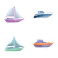 Water transport icons set cartoon vector. Travel yacht and powerboat