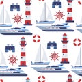 Water transport, sail vessels and beacon seamless pattern