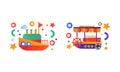 Water Transport Set, Vintage Steamboat and Ship Icons Flat Vector Illustration