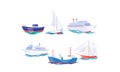 Water transport set, yacht, boat, cargo ship, steamship, fishing boat, cruise ship vector Illustration on a white Royalty Free Stock Photo