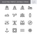 Water transport simple line icons. Vector illustration with minimal icon - cargo ship, yacht, canoe, surfboard, compass Royalty Free Stock Photo