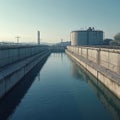 Water treatment plant under clear sky. Industrial facility infrastructure, processing, storage, engineering. Clean water tech, Royalty Free Stock Photo