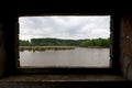 Reed wooden hunting cabin shore lake nature reserve, het Vinne, Zoutleeuw, Belgium Royalty Free Stock Photo