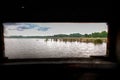 Reed wooden hunting cabin shore lake nature reserve, het Vinne, Zoutleeuw, Belgium Royalty Free Stock Photo