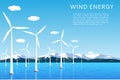 Offshore and onshore wind farms. Wind turbines in the sea  in the ocean Royalty Free Stock Photo