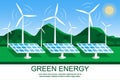 Green energy. Solar panels and windmills against the backdrop of a natural landscape. Royalty Free Stock Photo