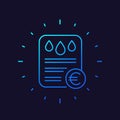 water utility bill line icon with euro, vector