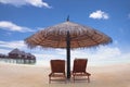 Water villa with umbrella and beach chair .maldives Royalty Free Stock Photo