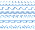 Water wave horizontal line. Seamless blue river wave border logo water symbol, ocean beach river tide outline symbol. Vector Royalty Free Stock Photo