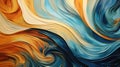 Water waves abstract background. Orange and blue harmonic pattern. Swirling colorful watercolor wallpaper