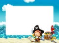 Water waves and beach frame with fighting pirate parrot and treasure Royalty Free Stock Photo