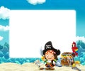 Water waves and beach frame with fighting pirate parrot and treasure