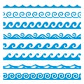 Water waves blue borders set. Marine  nautical horizontal pattern collection. Sea  ocean Royalty Free Stock Photo