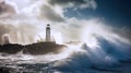 Water waves and storm in lighthouse, extreme weather condition