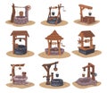 Water well. Cartoon wooden and stone aqua supply equipment with bucket and handle. Country pits. Village construction for drinking Royalty Free Stock Photo