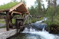 Water-wheel in board sawmill.