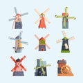 Water windmills. Netherlands rural buildings in cartoon style brick towers garish vector illustrations set