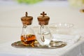 Water and wine on the altar ready for mass Royalty Free Stock Photo