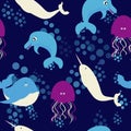 Water world seamless pattern. Sea animals dolphin and whale, narwhal and jellyfish. Royalty Free Stock Photo