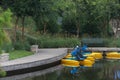 The Woodlands, Texas USA - July 11, 2021: Water bikes for rent at Riva Row Boathouse.