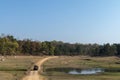 Waterbody and safari vehical landscape at Pench national Park,Madhya Pradesh Royalty Free Stock Photo