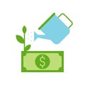 Watercan watering dollar bill or banknote tree, investment icon