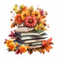 Watercolo Stacked Books with flowers and leaves isolated on white background Royalty Free Stock Photo