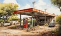 Watercolor, abandoned gas station in natural landscape.