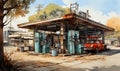 Watercolor, abandoned gas station in natural landscape.