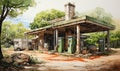 Watercolor, abandoned gas station in natural landscape.