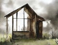 Watercolor of abandoned haunted house with broken created with