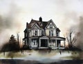 Watercolor of abandoned haunted house with broken created with