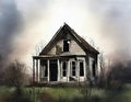 Watercolor of abandoned haunted house with broken created with