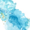 Watercolor abstract background with blue and turquoise splashes of paint on white. Hand painted texture. Imitation of sea