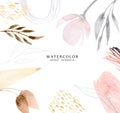 Watercolor abstract background design with geometri shapes, and floral elements, blotch and gold line art Royalty Free Stock Photo