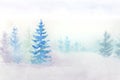 Watercolor abstract background fir trees on snow hand drawn illustration