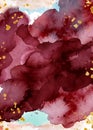 Watercolor abstract background, hand drawn watercolour burgundy and gold texture Royalty Free Stock Photo