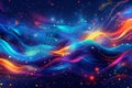 Watercolor abstract background with multicolored splashes and waves on dark blue, colorful neon lights. Royalty Free Stock Photo