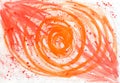 Watercolor abstract background with red and orange splashes and line of paint on white paper. Hand painted texture. Art imitation