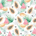 Watercolor abstract background of tropical leaves and papya, watermelon and doodle. Jungle floral with tropic summertime for backg Royalty Free Stock Photo