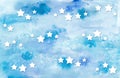 Watercolor abstract background. White stars on a blue background. Royalty Free Stock Photo