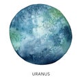 Watercolor abstract blue Uranus planet. Hand painted satellite isolated on white background. Minimalistic space Royalty Free Stock Photo