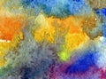 Watercolor abstract bright colorful textural background handmade . Painting of sky and clouds . Modern seascape .