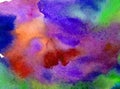 Watercolor abstract bright colorful textural background handmade . Painting of sky and clouds during sunset . Cosmic pattern .