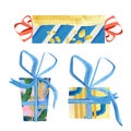 Watercolor abstract Christmas gift boxes. Hand painted bright box with blue bow set for christmas card, birthday card