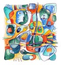 Watercolor abstract composition with faces, shapes and lines.